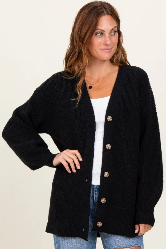 Black Knit Oversized Button Down V-Neck Cardigan Silk Blend Satin Velvet