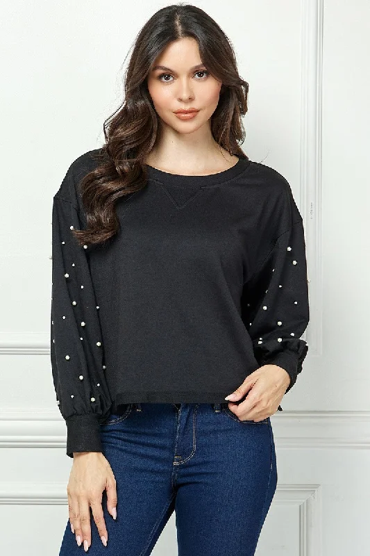 BLACK LONG SLEEVES FAUX PEARL DETAILED KNIT TOP AVT10610K Budget-Friendly Knit Tee