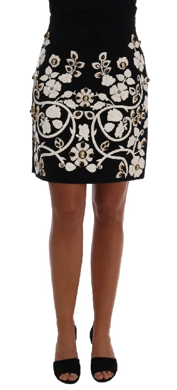 Dolce & Gabbana Black White Floral Baroque Crystal Pencil Skirt wool skirt warm