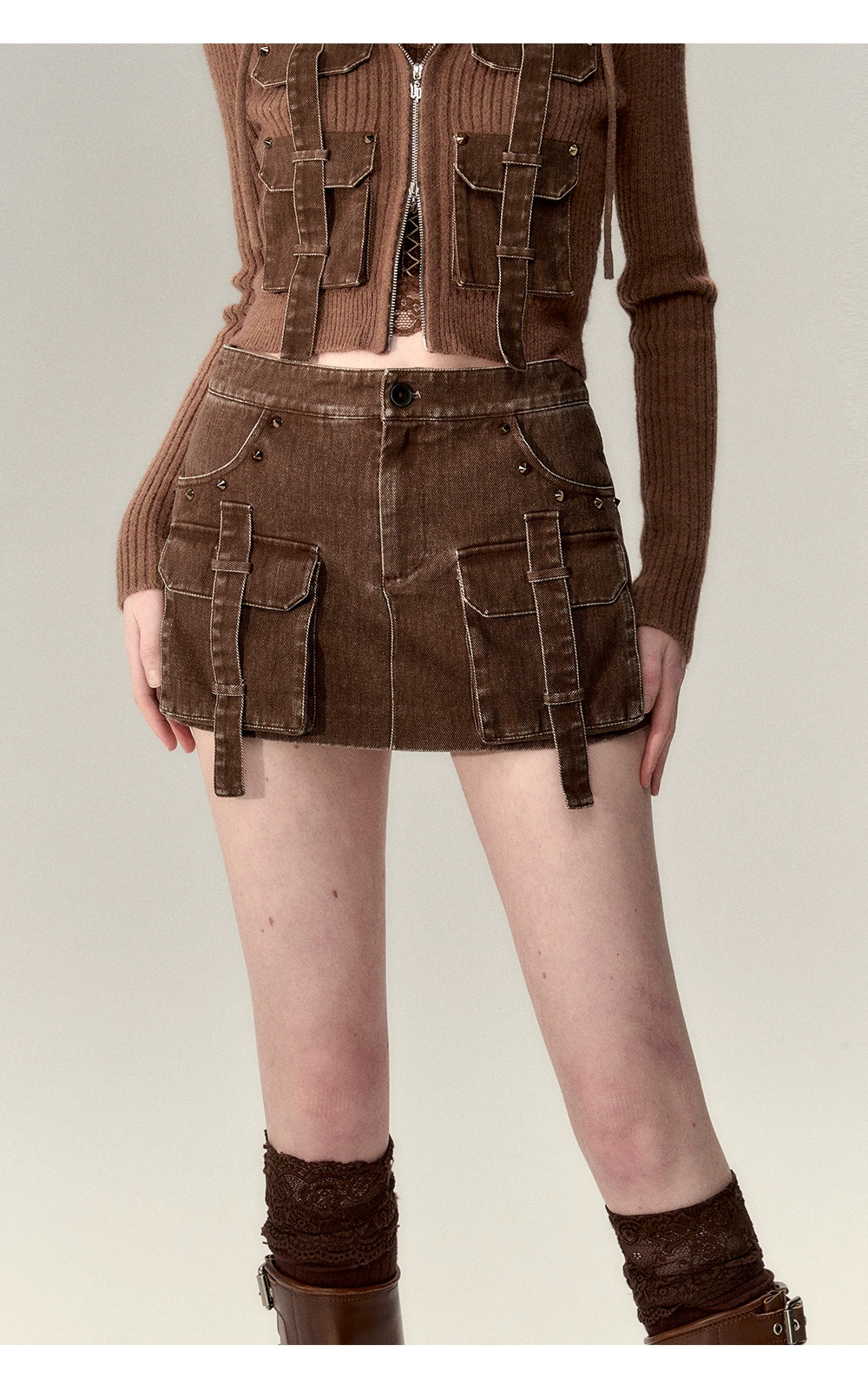 Brown & Black Denim Mini Skirt high waist skirt