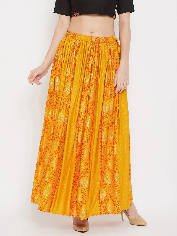 Wahe-NOOR Women's Mustard Printed Rayon Maxi Skirt denim skirt fashionable