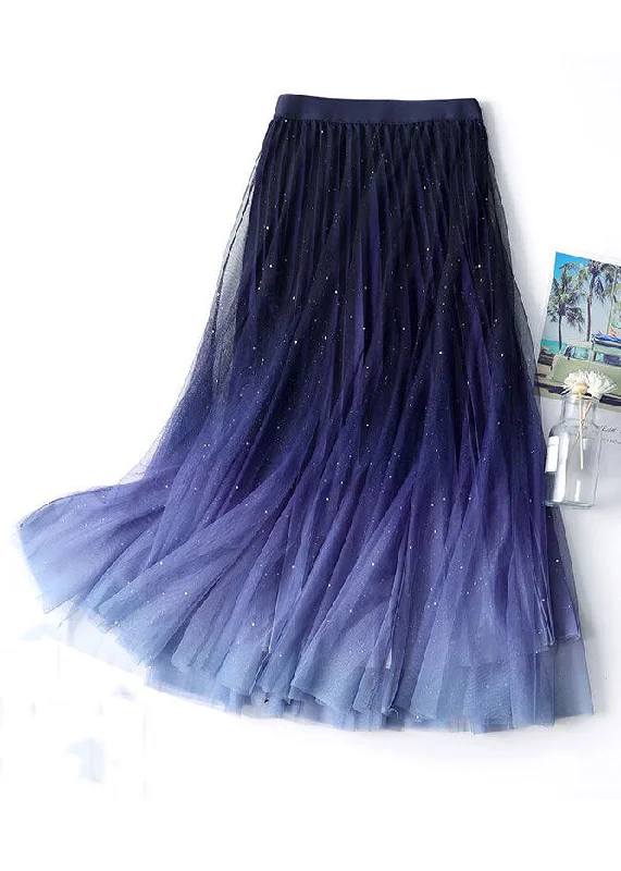 Chic Navy Gradient Color High Waist Tulle Skirts Summer leather skirt refined