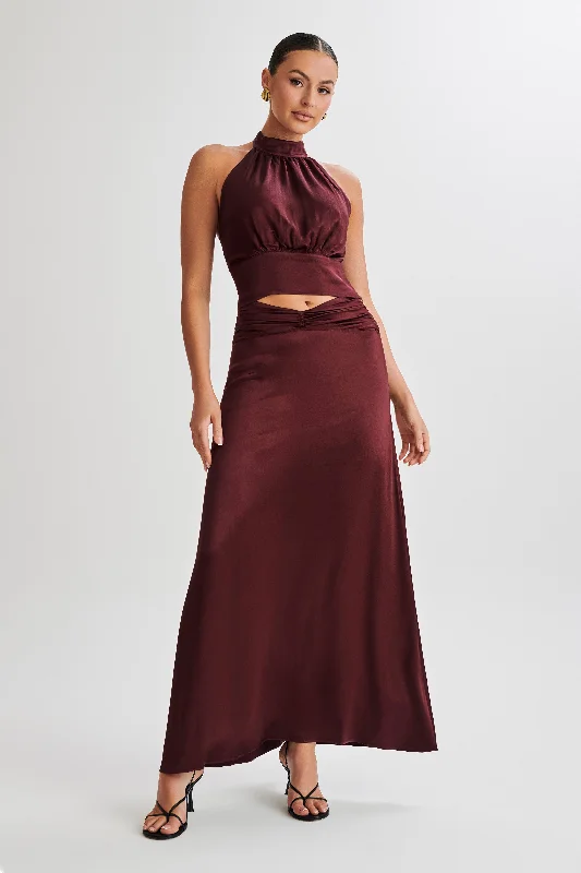 Clara Satin Ruched Maxi Skirt - Plum high waist skirt