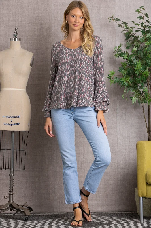 PRINTED BELL LONG SLEEVES KNIT TOP TJ10311 Boutique Knit Tee