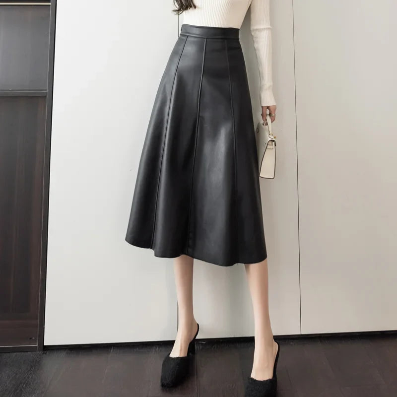 FashionSierra - A-line Leather Splicing High Waist For Women Office Mid-length Female Autumn Winter PU Umbrella Skirt leather skirt sleek