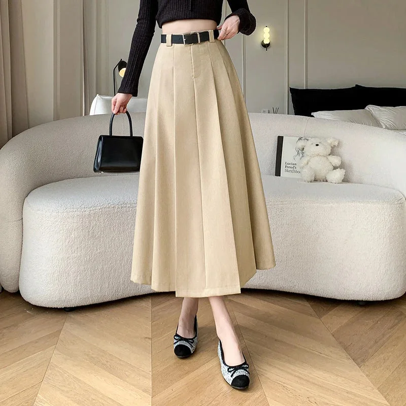 2024 New Spring Summer Women Fashion High Waist Pleated Long Korean Office Lady Casual Suit With Belt Skirt lace skirt elegant