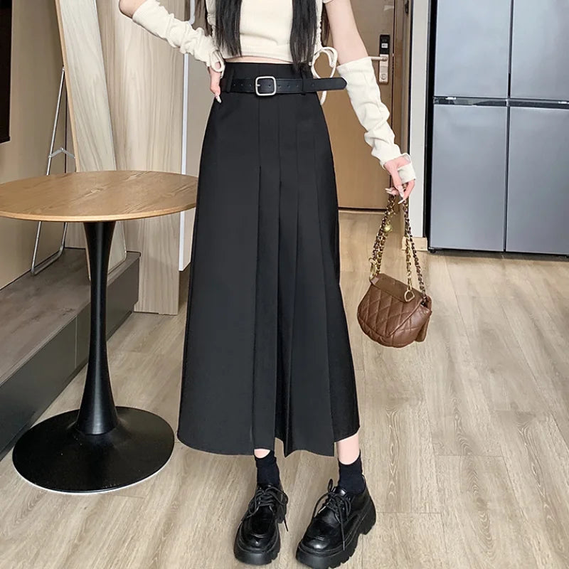 Spring Autumn Fashion High Waist A-line Pleated Womens Black Casual Suit LadiesTtemperament A-line Long Skirt asymmetrical skirt cut