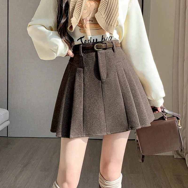 FashionSierra - New Korean Fashion High Waist A-line Mini Pleated Women Autumn Winter Woolen Woman Casual Wool Short Skirt cotton skirt soft