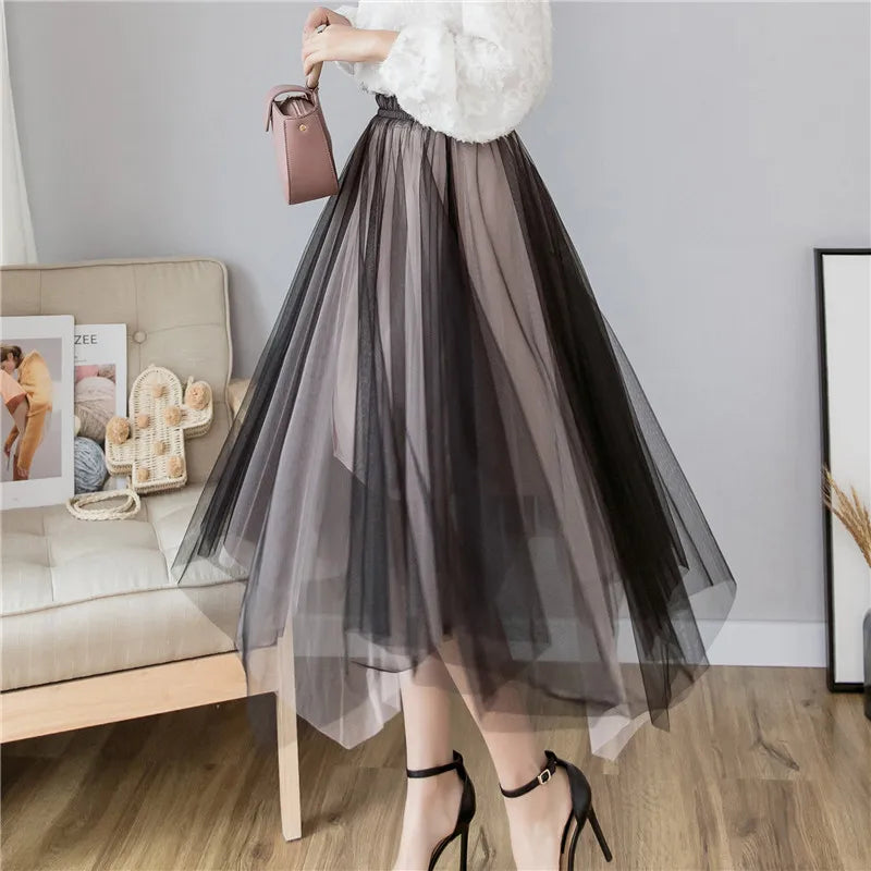 FashionSierra - 2024 New Fashion High Waist Irregular Tulle Long Women Spring Summer Casual Hit Color Pleated Skirt leather skirt sleek