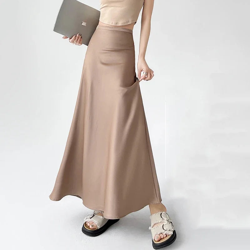 2024 New Spring Summer Acetate Satin Long Womens Elegant High Waist Wrap Hip Mermaid Ladies Fashion Maxi Skirt velvet skirt sumptuous