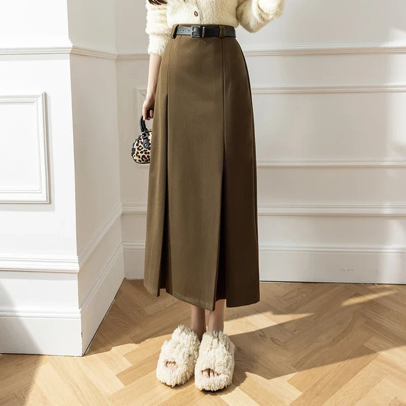 FashionSierra - New Autumn Winter Women Wool Korean Ladies Retro Woolen Suit Female Fashion High A-line Long Skirt wool skirt sturdy