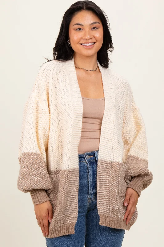 Cream Colorblock Bubble Sleeve Knit Cardigan Layered Multi-layer Single Layer