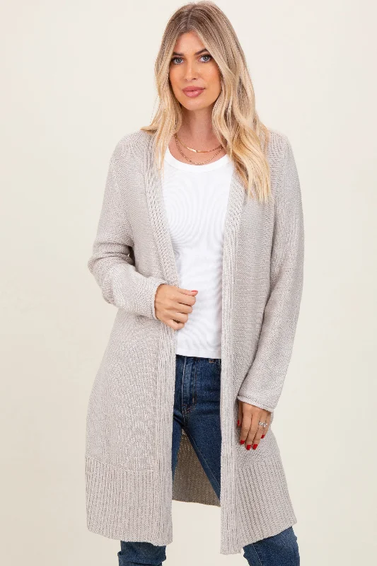 Cream Contrast Rib Long Open Cardigan Terry Terry Cloth Terry Knit