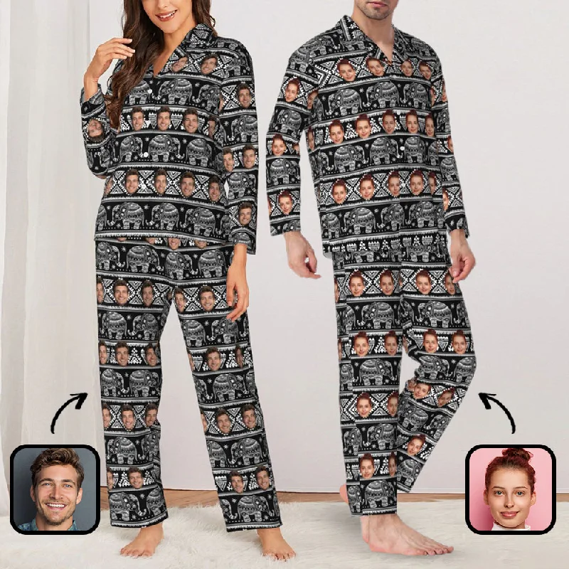 Custom Face Elephant Pattern Long Sleeve Cardigan Pajama Set - Black Oversized Loose Flowy