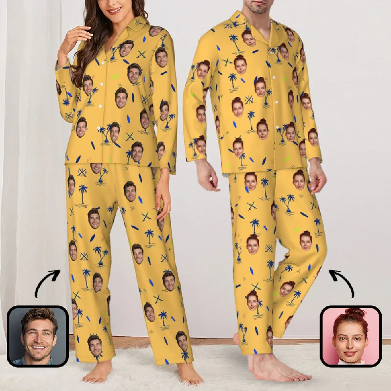 Custom Face Palm Tree Long Sleeve Cardigan Pajama Set - Yellow Stretchy Elastic Breathable