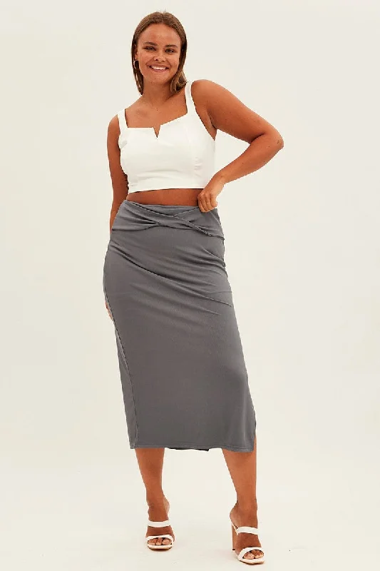 Grey Midi Skirt High Rise Pencil Ribbed lightweight skirt design