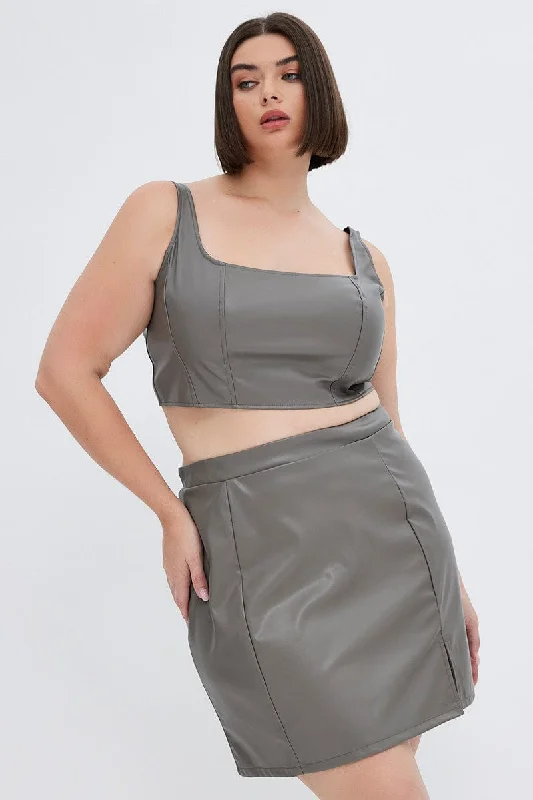 Grey Mini Skirt Faux Leather elastic waist skirt