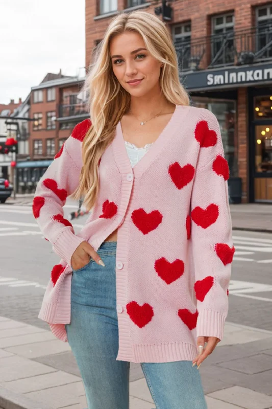 Heart Button Down Long Sleeve Cardigan Crew Neck V-Neck Turtle Neck