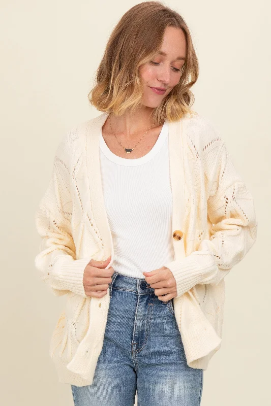 Ivory Textured Button Up Sweater Cardigan Ribbed Striped Patterned