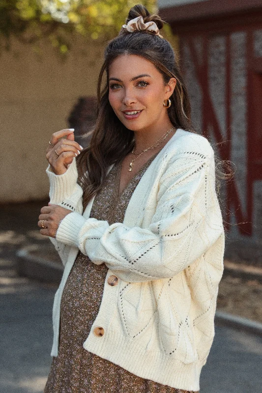 Ivory Textured Button Up Sweater Maternity Cardigan Fitted Loose Oversized