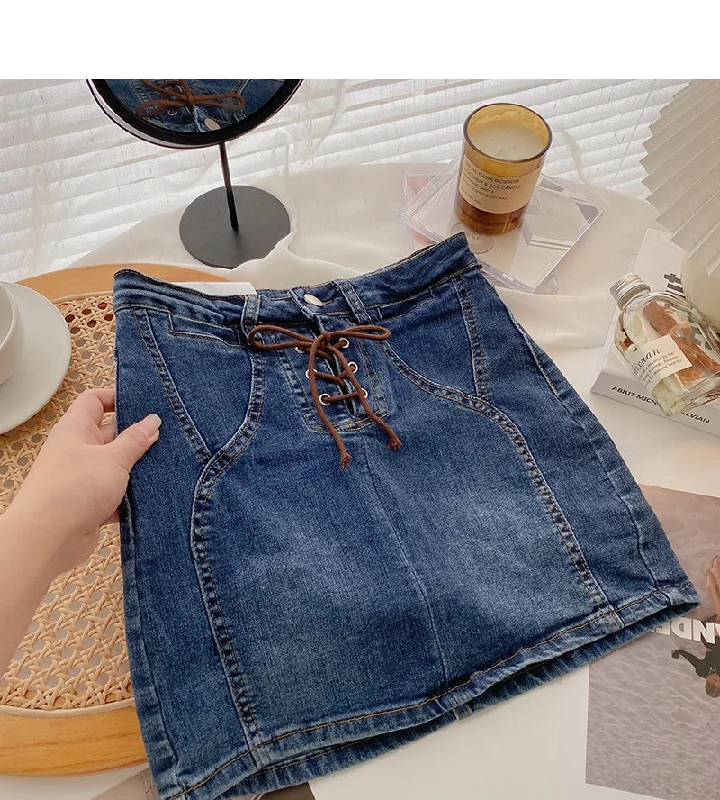 Korean bandage high waist design hot girl Hip Wrap denim skirt  5665 wrap skirt elegant