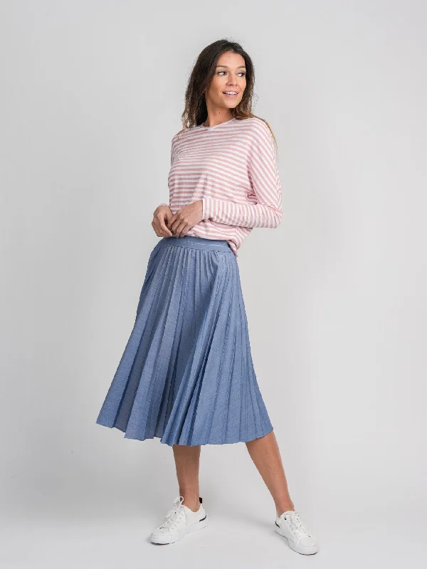 PLEATED SKIRT 24"-LIGHT DENIM flowy skirt hem