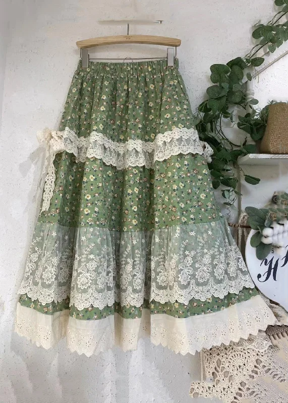 Loose Green Print Lace Elastic Waist Patchwork Skirts Summer seamless skirt comfort