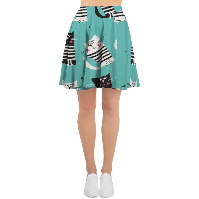 Love Turquoise Cat Print Women's Skirt breathable skirt fabric