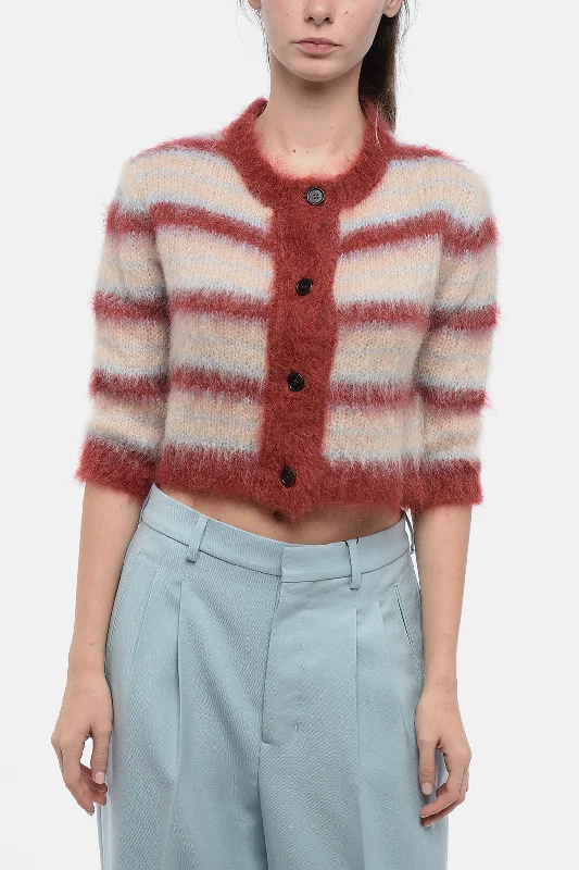 Marni FUZZY WUZZY Mohair Blend Cardigan with Awning Stripe Motif Zippered Buttoned Snapped