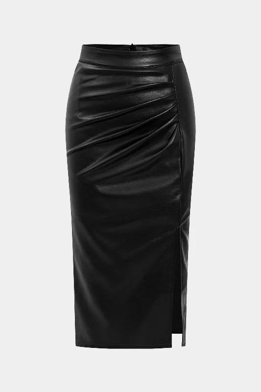 Faux Leather High Waist Side Slit Ruched Skirt midi skirt versatile