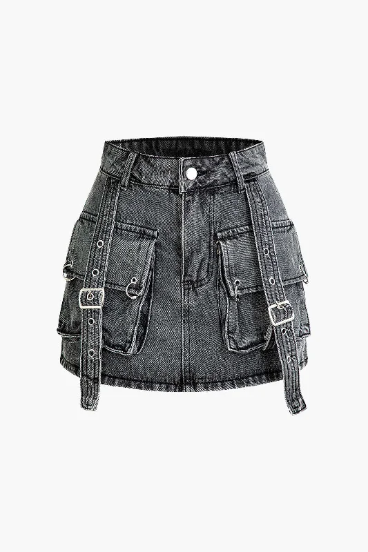 Belt Detail Flap Pocket Denim Mini Skirt ribbed skirt waist