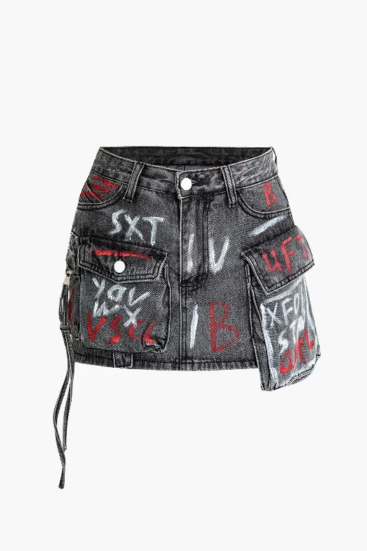 Graffiti Flap Pocket Denim Mini Skirt vintage skirt charm