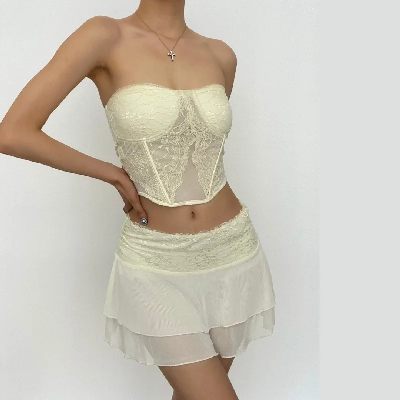 Mesh solid sleeveless backless lace hem tube top skirt set elastic waist skirt