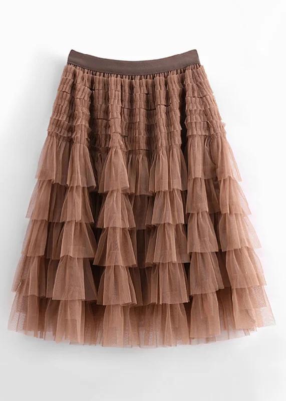 New Coffee Solid High Waist Tulle Skirt Summer lace skirt intricate