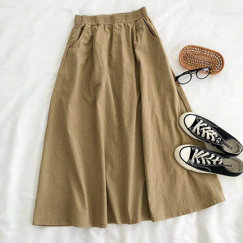 New Korean version Harajuku BF port style retro tooling medium length skirt  5672 linen skirt natural