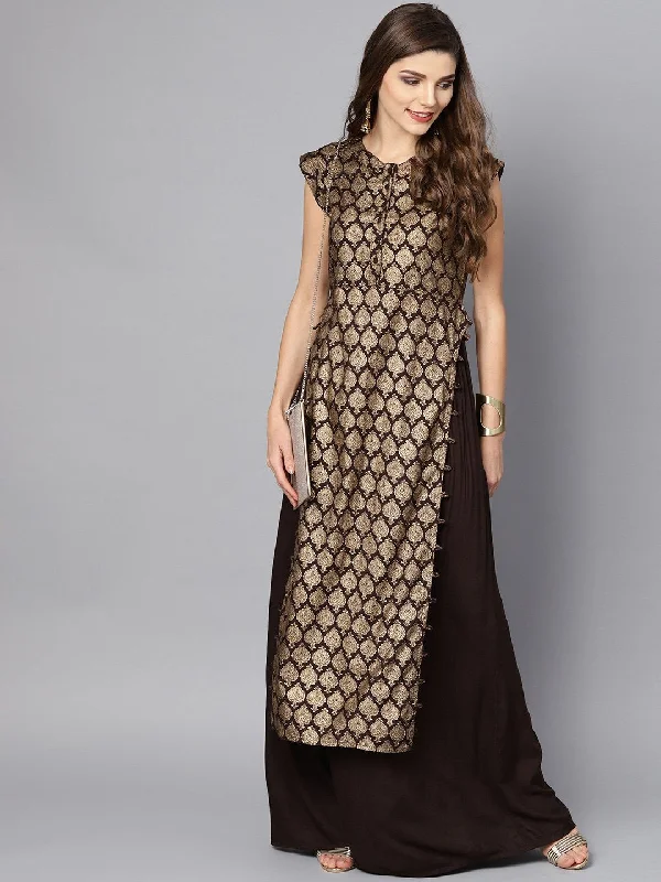 NOZ2TOZ Black And Gold Printed Kurta Set With Ankle Length Skirt wool skirt sturdy