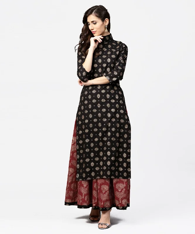 NOZ2TOZ Black Printed 3/4Th Sleeve Cotton Kurta With Red Printed Flared Skirt maxi skirt elegant