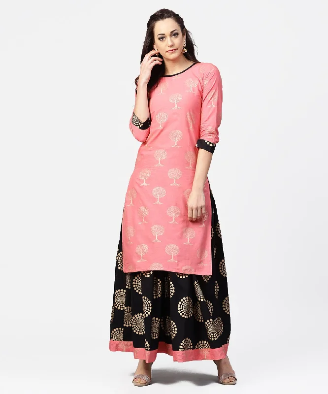 NOZ2TOZ Peach 3/4Th Sleeve Cotton Printed Kurta With Black Printed Ankle Length Skirt lace skirt romantic