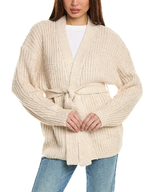 Oat New York Belted Wool-Blend Cardigan Open Front Closed Front Wrap Front