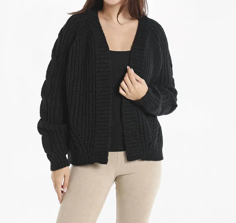 Open Front Cable Knit Cardigan In Black Rayon Fabric Velvet Fabric Corduroy Fabric