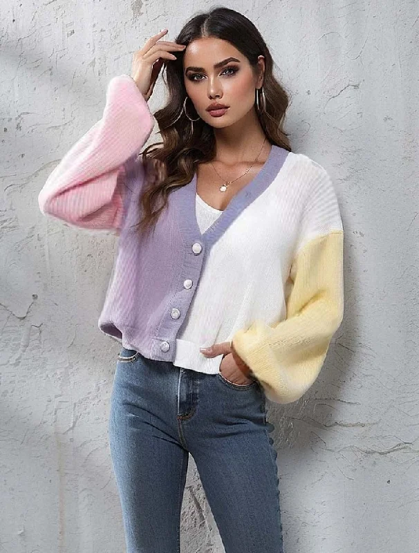 Pastel Color Block Button Up V-Neck Knit Top Seasonal Knit Shirt