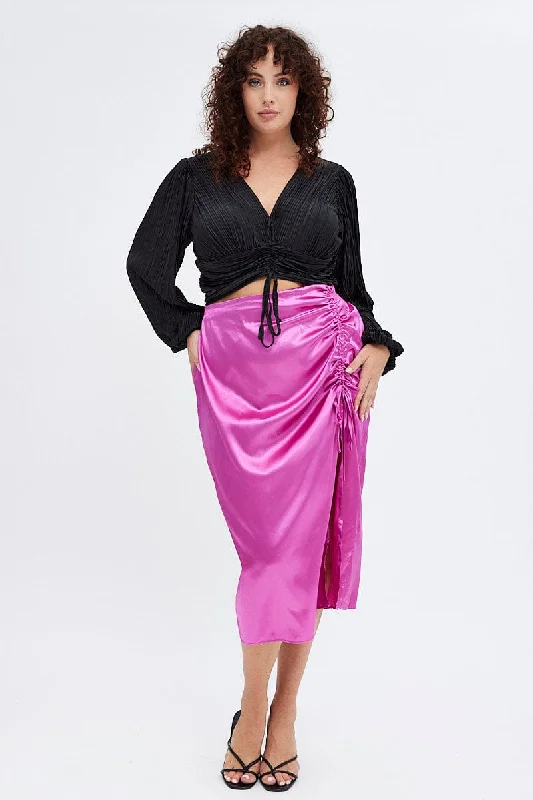 Pink Midi Skirt Drawstring Satin Split velvet skirt luxurious