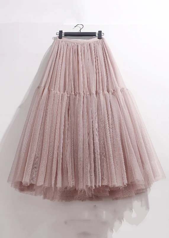 Pink Patchwork Loose Tulle Pleated Skirt High Waist Summer modal blend skirt