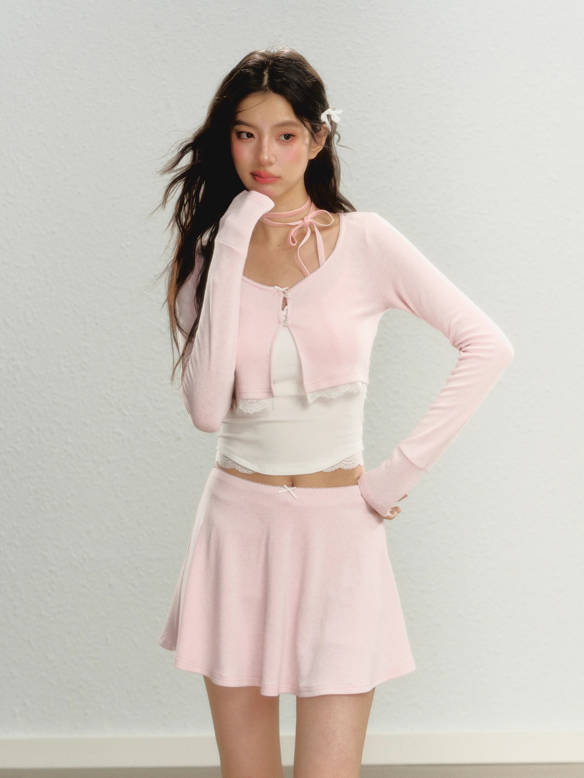 Pink Square Neck Short Sleeve T-shirt & Cardigan Set Boxy Cardigan Fitted Cardigan A-Line