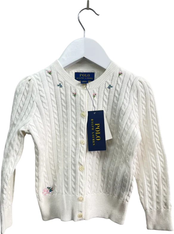 Polo Ralph Lauren White 100% Cotton Cable Knit Cardigan With Embroidered Logo And Flowers BNWT 3 Years Handmade Hand-knitted Hand-woven