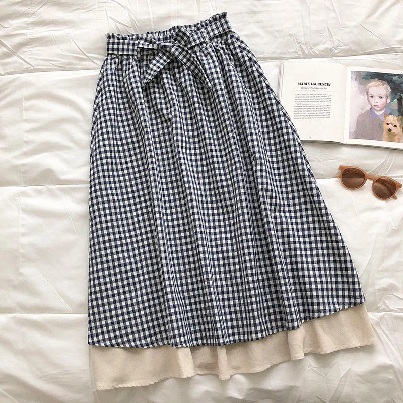 Retro literary small Plaid stitching design bow high waist skirt  5676 denim skirt fashionable