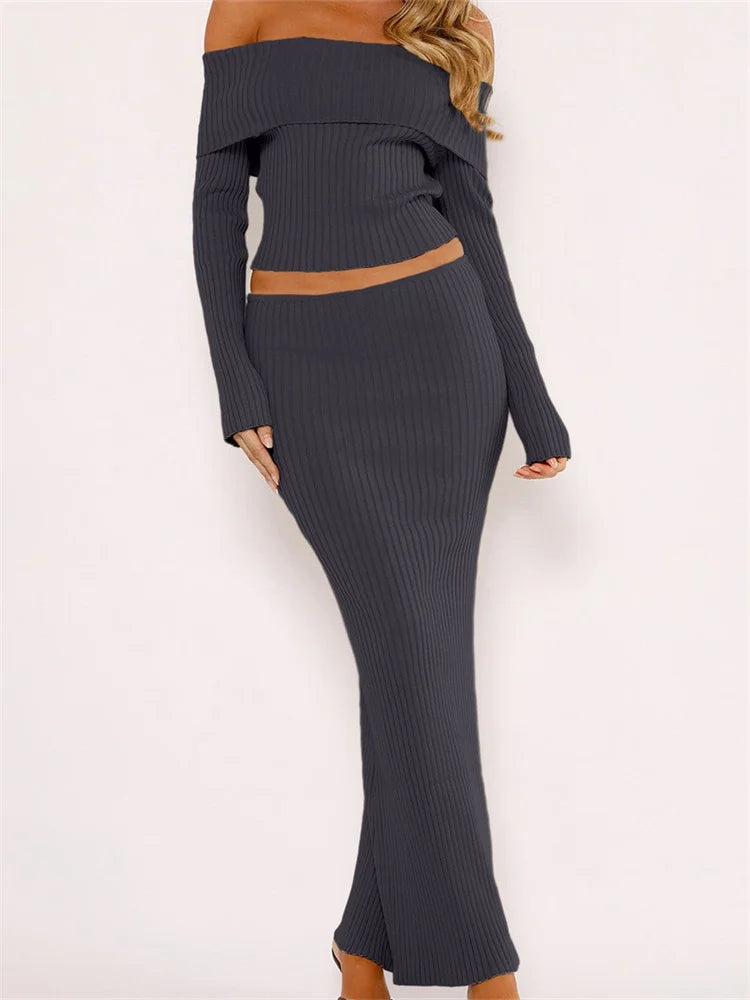 JuliaFashion - Slash Neck Off Shoulder Long Sleeve Ribbed Knitted Tops Long Skirts Suits low waist skirt