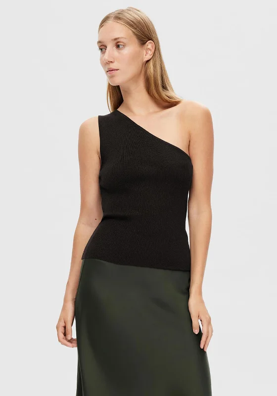 Selected Femme Lura One Shoulder Sparkly Knit Top, Black Holiday Knit Blouse