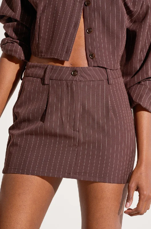 STRAIGHT TO BUSINESS PINSTRIPE MINI SKIRT IN BROWN belted skirt waist