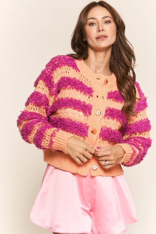 Tangerine Fuchsia Fuzzy Stripe Long Sleeve Cardigan Mesh Blend Leather Blend Suede Blend